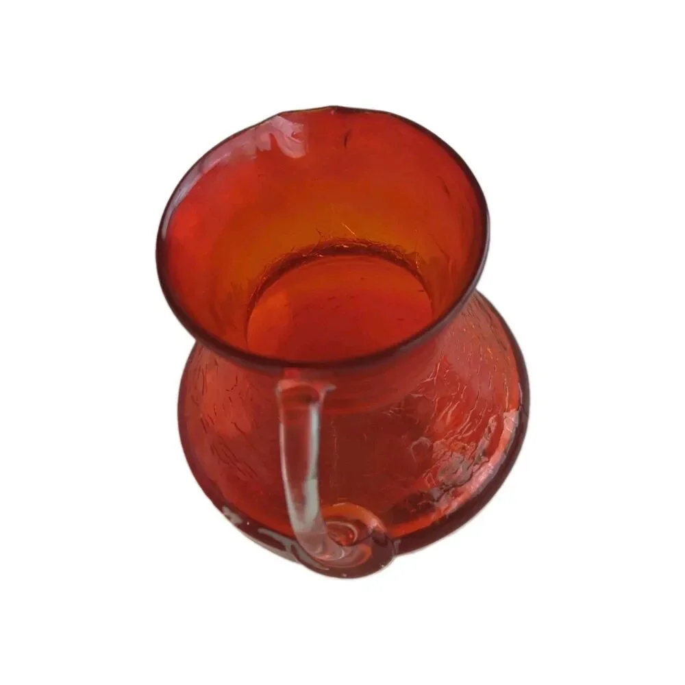 Vintage Red Hand Blown Crackle Glass Small Pitcher Creamer 3.5” Tall x 3.25